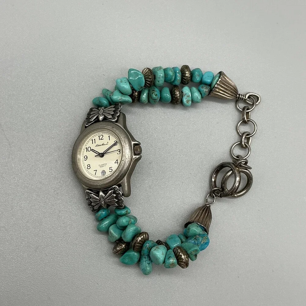 Eddie Bauer V173 Womens Watch 27mm Turquoise Beaded 925 Bracelet New Battery